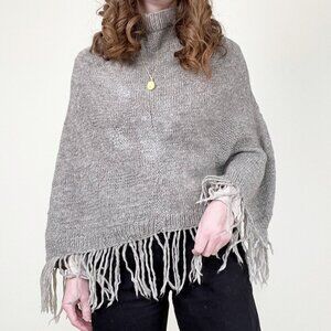 Vintage Handmade Wool Woven Knit Fringe Poncho Western Boho Hippie Sweater Shawl